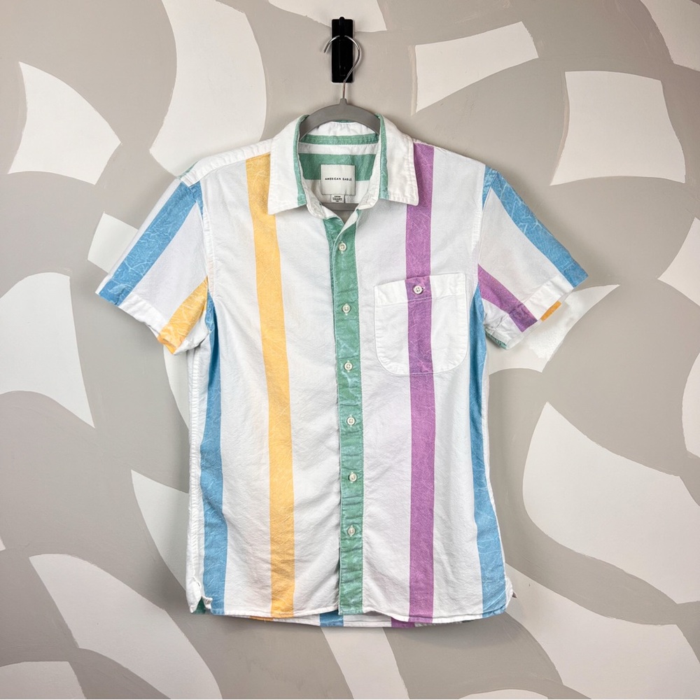 American Eagle Colorful Striped Short Sleeve Button Up Shirt | S